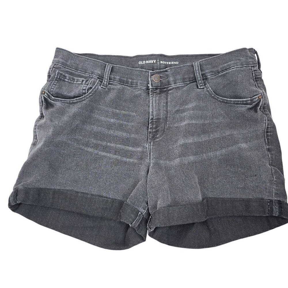 Old Navy Black Boyfriend Denim Stretch Jean Cuffed Shorts, size 12